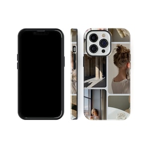 May include: A clear phone case with a collage of photos. The photos include a woman with her hair pulled back, a building with columns, and a window with a view of a city.