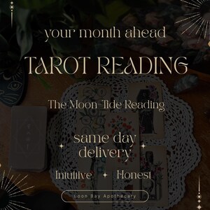 May include: Tarot reading advertisement with the text "your month ahead TAROT READING". The image features tarot cards, a deck of cards, and the words "same day delivery, intuitive, honest" on a lace doily.