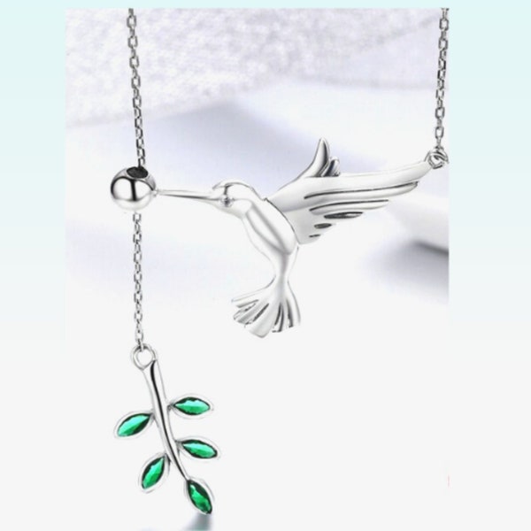 Humming bird pendant, metal humming bird, dainty bird necklace •flying bird necklace, gift for bird lovers•Hummingbirds & Tree Leaf Pendant