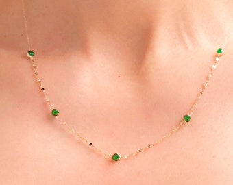 Emerald Necklace - 14K Solid Gold Choker Necklace - Dainty Station Necklace - Gemstone Jewelry