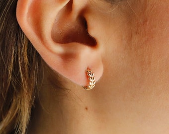 Leaf Earrings - 14K Gold Huggie Earrings - Tiny Hoop Earrings - Cute Gold Jewelry