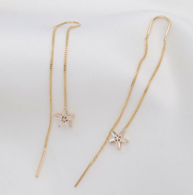 Threader Earrings 14K Solid Gold Earrings Star Earrings Chain Earrings
