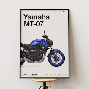 May include: A blue and black Yamaha MT-07 motorcycle. The motorcycle has a black frame and a blue fuel tank. The motorcycle is on a white background. 2014 - Present.