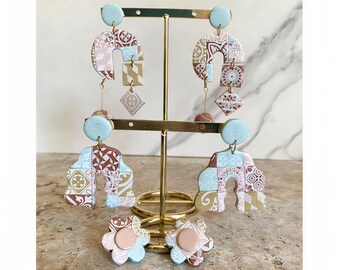 Pastel polymer clay earrings, tile earrings, handmade earrings, gifts for her, colorful earrings, pink mint yellow polymer clay earrings