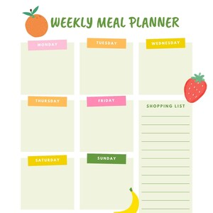 Può includere: Un pianificatore di pasti settimanale con uno schema di colori verde, giallo e arancione. Il pianificatore ha sezioni per ogni giorno della settimana, un elenco della spesa e una sezione note. Ci sono illustrazioni di frutta e bacche.