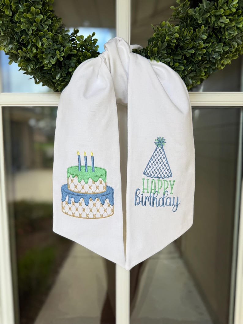 Happy Birthday Embroidered Wreath Sash - blue/green