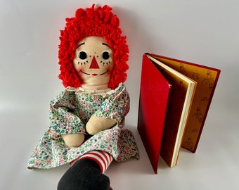 Raggedy Ann Doll 1960's Authentic 20" Rag Doll with 'I Love You' Hearts Red Hair Floral Dress Black Fabric Shoes Collectible Vintage Toys