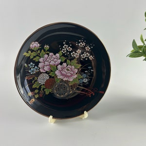 Collectible Black Plate with Japanese Flower Cart Filled with Colourful Flowers Gold Trim and Detail Made in Japan Vintage Home Decor