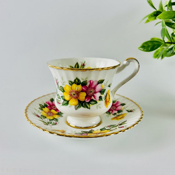 Paragon Teacup and Saucer Ribbed with Pink and Yellow Floral Gold Trim Collectible Teacup Fine Bone China Made in England Vintage Decor