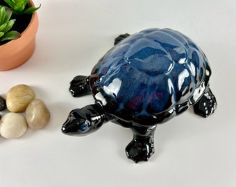 Cobalt Blue Turtle Large Blue Mountain Pottery Blue and Black 10" x 7" Reptile 'BMP' on the Bottom of this 1960's Art Pottery Vintage Decor