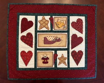 Handmade Quilt Small Wall Hanging with Angels Hearts and Stars in Gold Green Red and White 1990's Cotton Fabric Vintage Home Decor