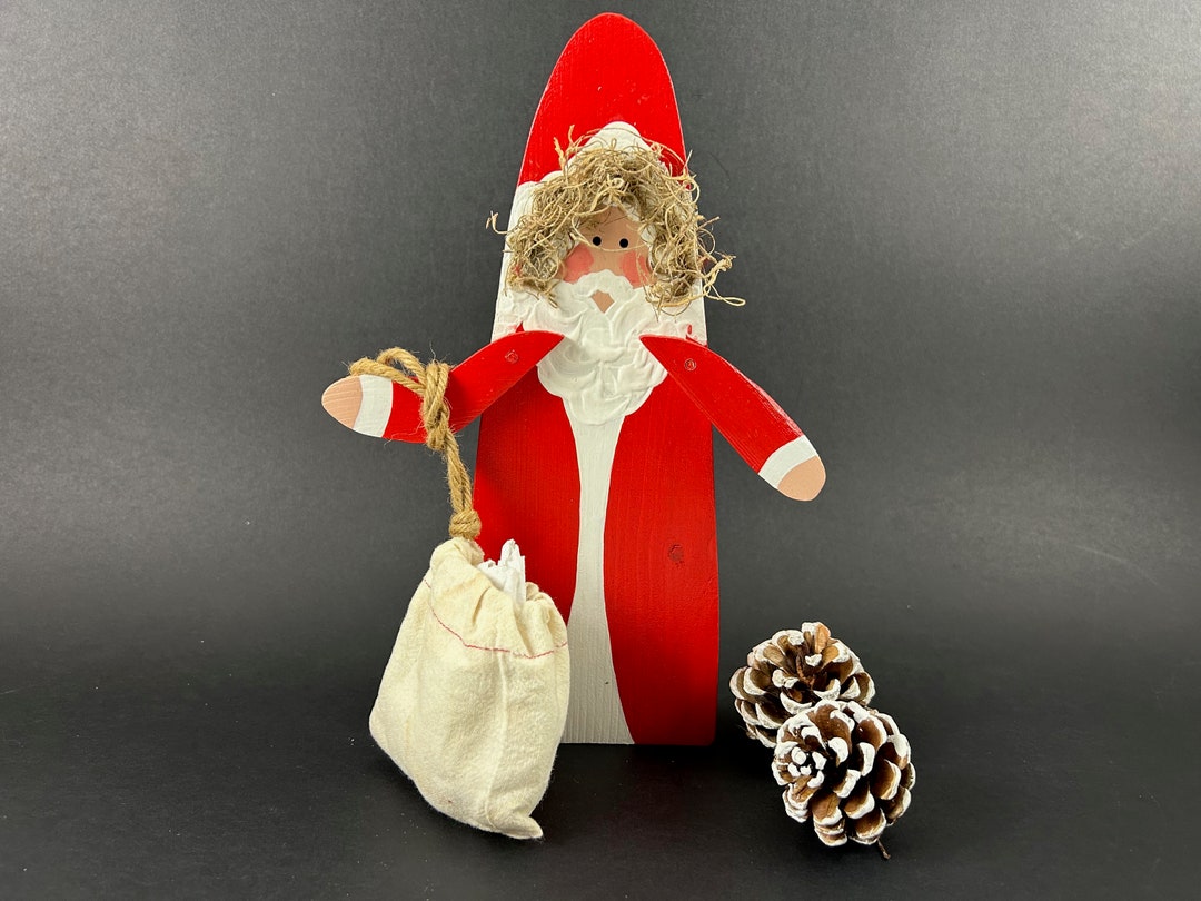 Hand Made Wooden Santa With Toy Sack Christmas Decoration Vintage