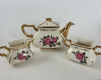 Ellgreave Teapot Creamer and Open Sugar Bowl with Pink Roses Green Leaves and Gold Detail and Trim Made in England Vintage Home Decor