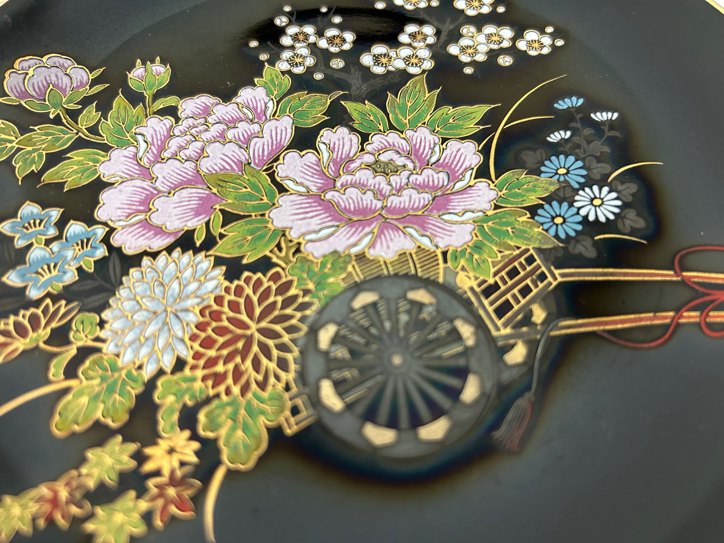 Collectible Black Plate With Japanese Flower Cart Filled