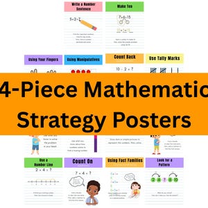Puede incluir: Un conjunto de 14 carteles de estrategias matemáticas con fondos coloridos e ilustraciones educativas. Los carteles incluyen títulos como "Escribir una frase numérica", "Hacer diez" y "Contar hacia atrás". El texto "14-Piece Mathematics Strategy Posters" se muestra en letras grandes de color naranja.
