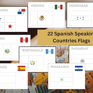 以下が含まれることがあります： スペイン語圏の国の国旗を表示したカードのコレクション。各カードには国の名前と国旗のデザインが記載されています。「22 Spanish Speaking Countries Flags」というテキストが金色の背景に表示されています。