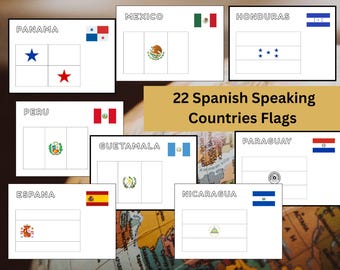 May include: A collection of cards displaying flags of Spanish-speaking countries. Each card features a country's name and flag design. The text "22 Spanish Speaking Countries Flags" is centered on a gold background.