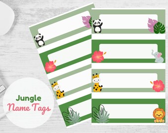 May include: Printable jungle name tags with green and white stripes. Each tag features a different jungle animal, including a panda, giraffe, elephant, and lion. The tags are perfect for a jungle-themed party or classroom.