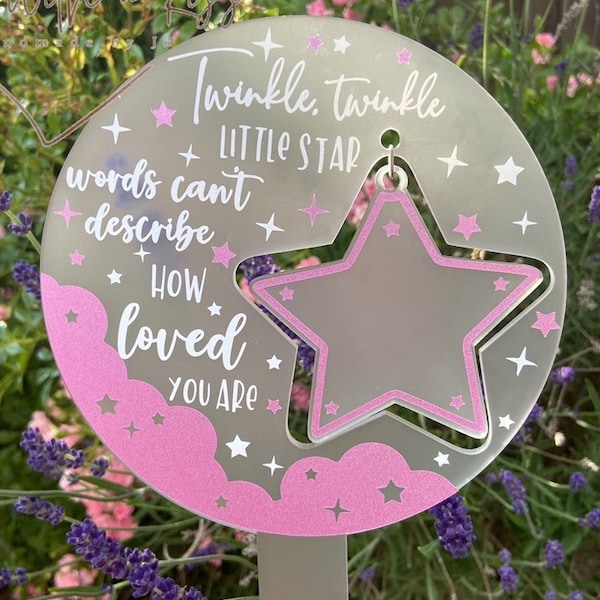 Memorial Grave Marker DecorationOrnament  Twinkle Twinkle Little Star  Pink  & White Rainbow Bridge