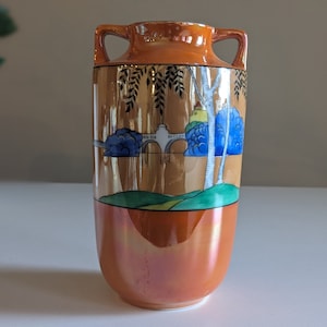 7&quot; Made in Japan Orange lusterware Vase | hand painted Japanese landscape | Antique urn style vase with handles