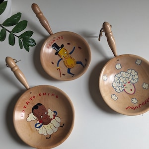 Vintage Wall art | 3 Mid-Century Snack Dishes | Retro Hand Painted Wood bowls w/Handles | Napco Japan | Snack Advertising