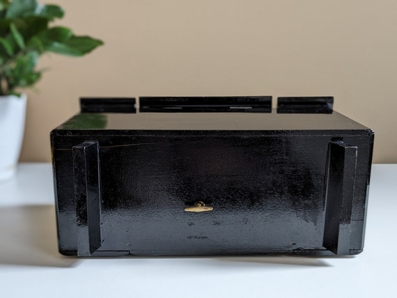 Large Vintage Black Lacquer Music box & Jewelry c… - image 5