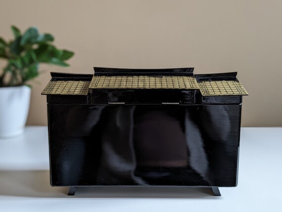 Large Vintage Black Lacquer Music box & Jewelry c… - image 4