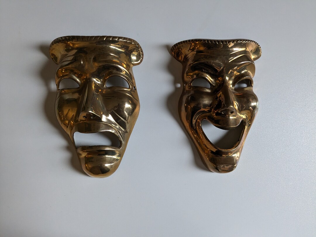 Vintage Solid Brass Theater Masks Pair of Comedy/ Tragedy Brass Wall Masks Brass Theater Wall