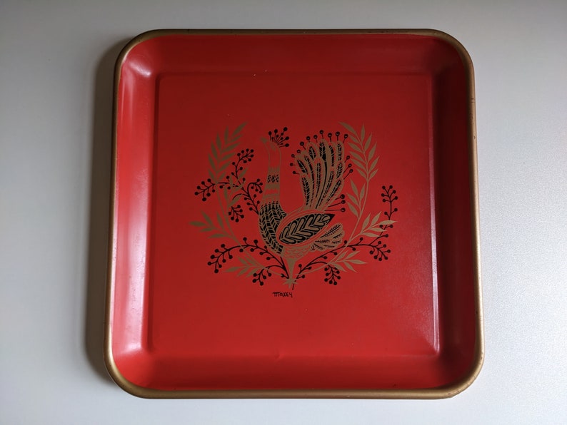 3 Vintage MAXEY Mid-Century Peacock Trays Tray Metal Cocktail Snack