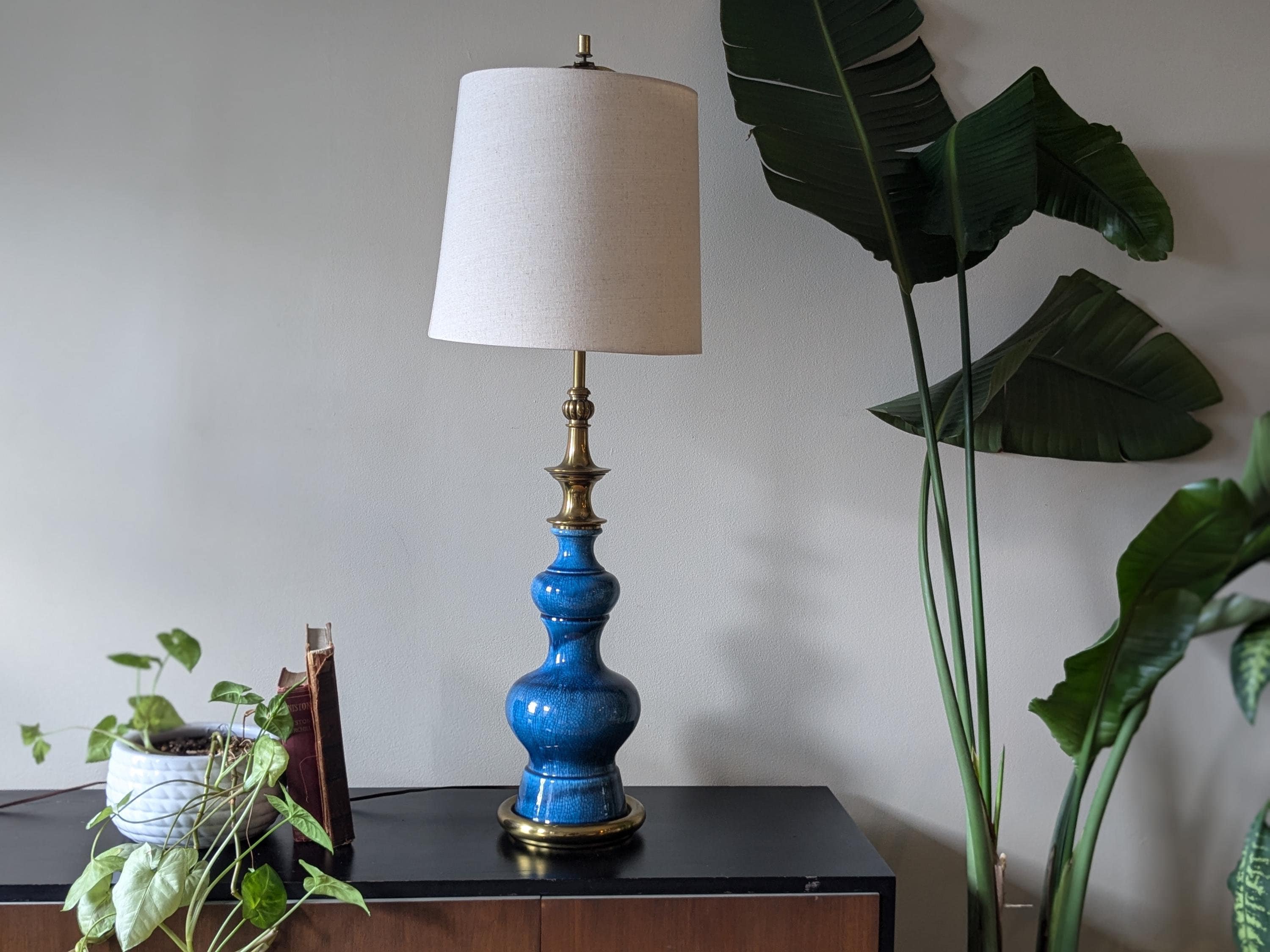 Vintage 1960's Double-baluster Sapphire-blue Drip Glaze Lamp