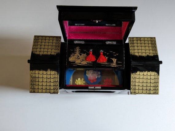 Large Vintage Black Lacquer Music box & Jewelry c… - image 9