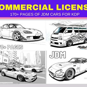 Puede incluir: Una descarga digital de más de 170 páginas de dibujos en blanco y negro de coches japoneses del mercado nacional (JDM). Las imágenes son aptas para colorear y se pueden editar en Canva. El texto "COMMERCIAL LICENSE" y "170+ PAGES OF JDM CARS FOR KDP" se muestra en la parte superior de la imagen.