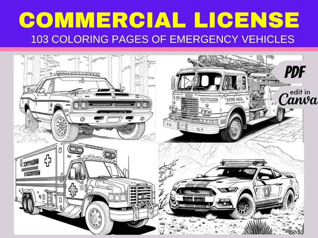 Emergency Vehicles Coloring Pages With Comercial License or Private Use Digital Download