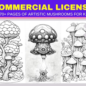 Mushrooms Coloring Pages with Comercial License or Private Use Digital Download Coloring Bundle KDP