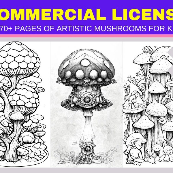 Mushrooms Coloring Pages with Comercial License or Private Use Digital Download Coloring Bundle KDP