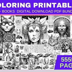 Può includere: Un collage di immagini in bianco e nero da colorare. Le immagini includono un teschio, un gatto, una donna con un copricapo, un mandala, un'auto, un robot e una varietà di altri disegni. Il testo "5555+ PAGINE" è nell'angolo in basso a destra dell'immagine. Il testo "PDF" è nell'angolo in alto a destra dell'immagine.