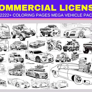 Può includere: Una collezione di illustrazioni in bianco e nero di veicoli, tra cui auto, camion e motociclette. L'immagine presenta il testo "COMMERCIAL LICENSE" e "2222+ COLORING PAGES MEGA VEHICLE PACK". Le illustrazioni sono in stile libro da colorare, con l'opzione di modifica in Canva.