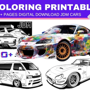 Puede incluir: Un libro para colorear con más de 180 páginas de coches JDM. La portada muestra una ilustración colorida de un coche con un logotipo JDM. El libro es una descarga PDF.