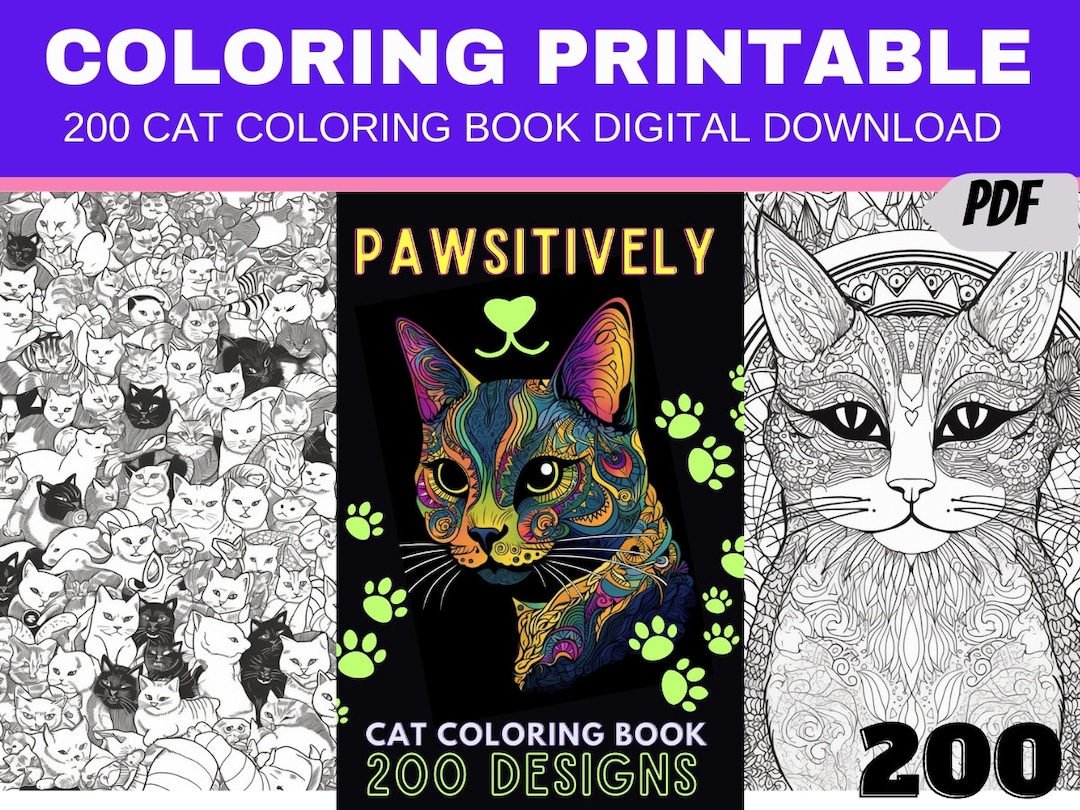 200 Cat Coloring Book Digital Download Pawsitively Cats Coloring Pages