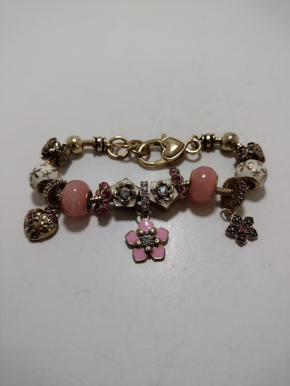Pink and Gold Flower Charm Bracelet