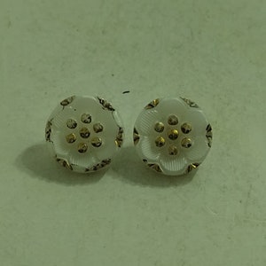 Vintage Pair of White Glass Buttons with Gold