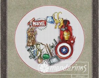 Superhero Wreath Digital Cross Stitch Pattern DMC Chart Embroidery Instant Download