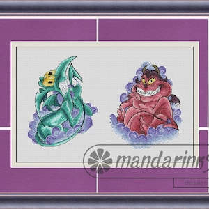 May include: Cross-stitch pattern featuring two cartoon characters. The first character is a green dragon with yellow eyes, and the second character is a red devil with horns and a mischievous grin. Both characters are surrounded by purple clouds.