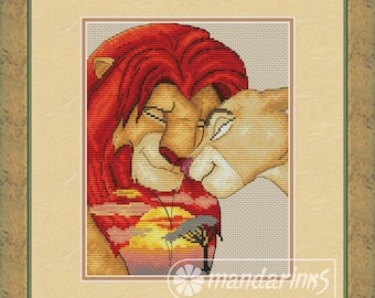 Leones enamorados Patrón de punto de cruz digital DMC Gráfico bordado Descarga instantánea