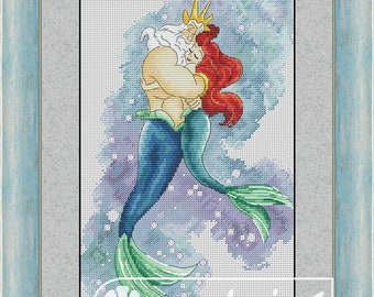 La sirena con su papá Digital Cross Stitch Pattern Chart Bordado Descarga instantánea