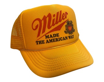 Miller Beer Hat Snapback Adjustable Cap | Vintage Yellow Miller Made The American Way Trucker Hat