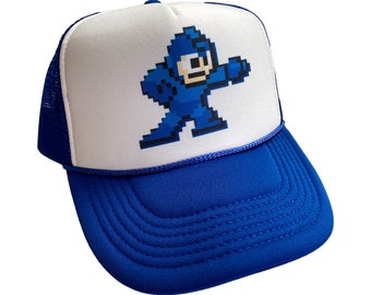 Megaman Hat Snapback Adjustable Cap | Vintage Blue Retro Video Game Mega Man Trucker Hat