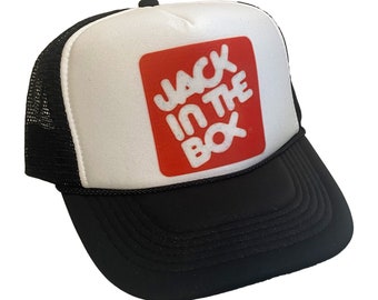 Jack In The Box Hat Snapback Adjustable Cap | Vintage Black Fast Food Jack Trucker Hat