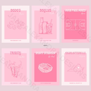 Op de afbeelding: Zes roze en witte geïllustreerde posters met de namen van bezienswaardigheden in Charlottesville, Virginia. De posters bevatten illustraties van een bagelwinkel, een bar, een basketbalarena, een pub, een stadion en een kaart van Virginia.