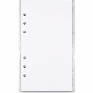 May include: A stack of white, lined paper sheets with six pre-punched holes, packaged in a clear plastic sleeve. The paper is clean and bright, suitable for use in a binder or notebook. The image is a top-down view against a white background.